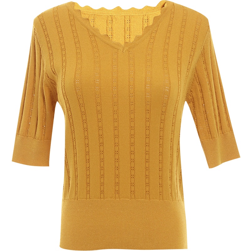 欧昵雪波浪V领针织衫T恤女修身显瘦五分短袖上衣
