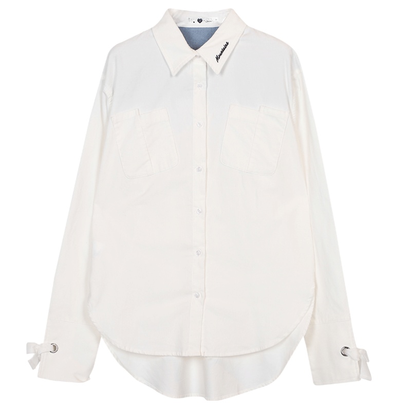 a02新款潮流牛仔拼接印花绑带秋冬衬衫女D1U6C0851BL