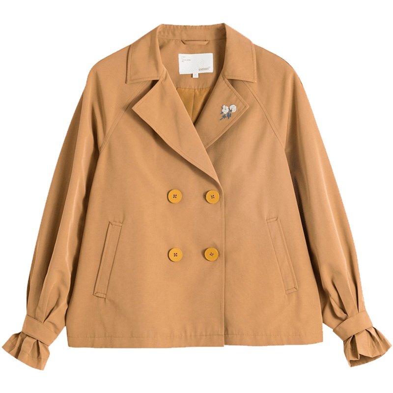 茵曼短外套女2019秋装新款复古纯色简约西装翻领精致绣花袖袢上衣