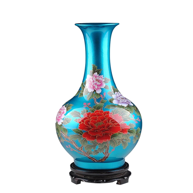 彩帮景德镇陶瓷器 水晶釉天蓝花瓶 花开富贵赏瓶现代时尚家饰客厅摆件