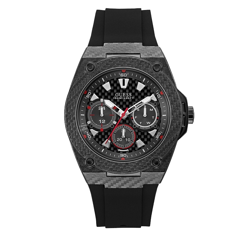 盖尔斯(GUESS)时尚个性经典运动炭纤维纹麻色表盘三眼石英男士手表W1048G2