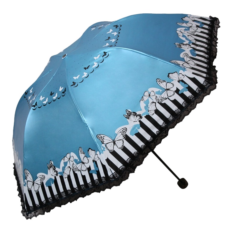 天堂伞 条纹蝴蝶 三折黑涤彩胶防紫外线遮阳伞蕾丝花边公主晴雨伞 L33127E灰兰