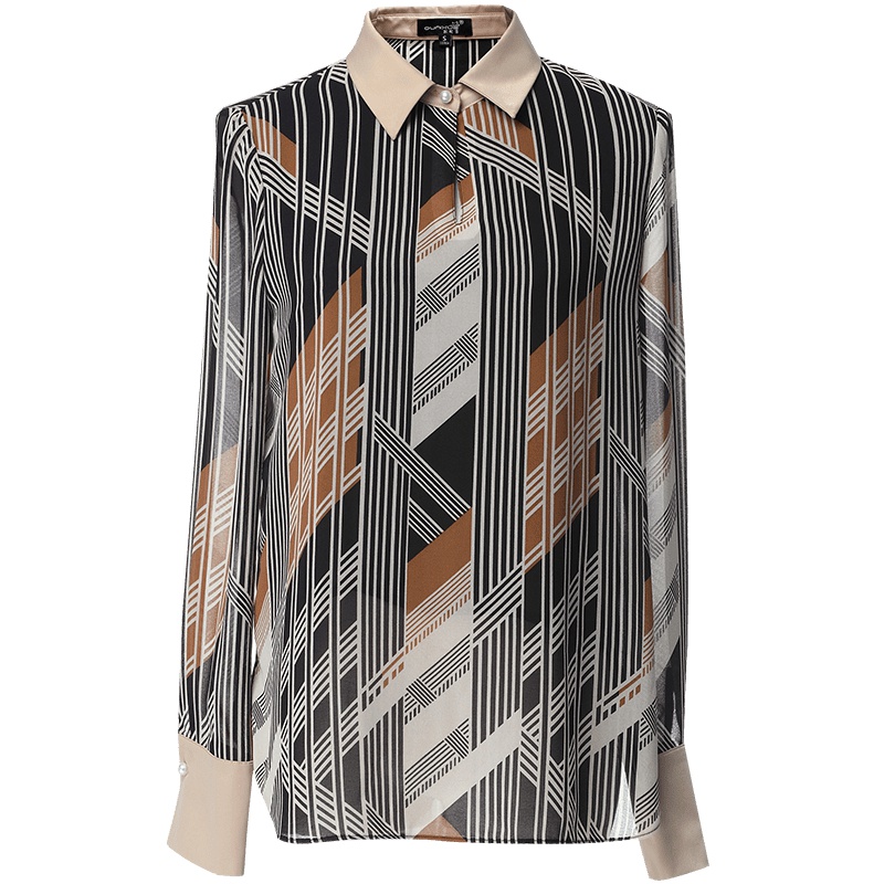 欧昵雪秋装OL拼接撞色翻领套头衬衫女长袖条纹雪纺衫上衣