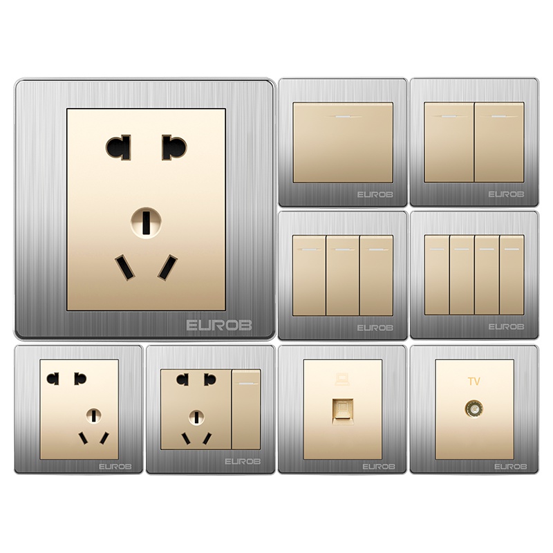 欧奔(EUROB)E9不锈钢拉丝开关插座面板多孔86型暗装5五孔USB二三插一开带墙壁插座家用
