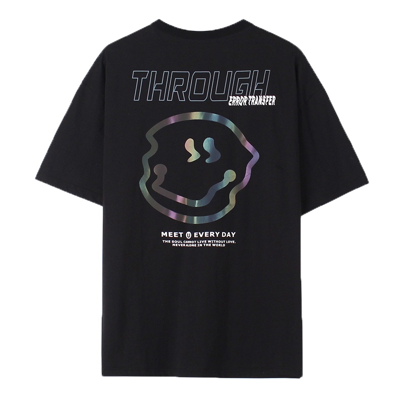 2020新款纯棉短袖女圆领宽松笑脸反光情侣bf港风体恤衫女装