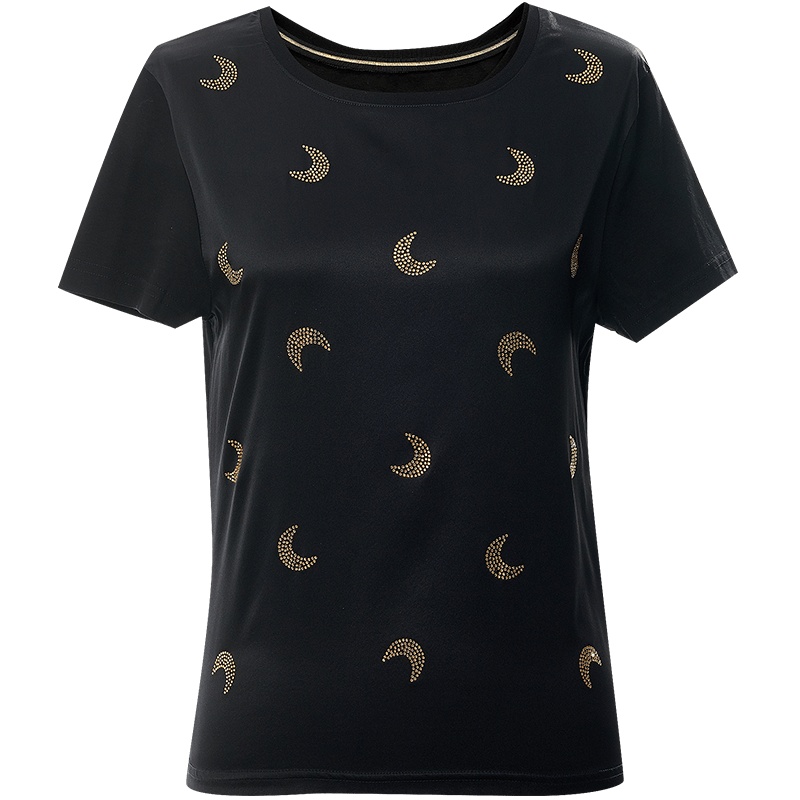 欧昵雪夏季圆领拼接真丝小月亮短袖T恤女桑蚕丝显瘦上衣