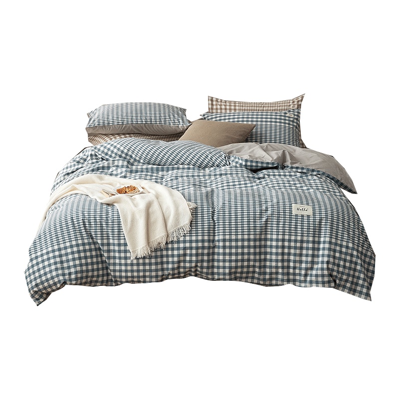 苏宁极物 全棉四件套纯棉水洗棉纯色格子被单被套床单宿舍被罩三件套简约北欧床上用品