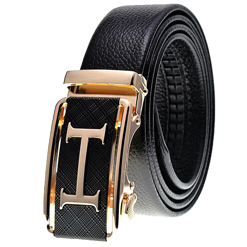 男士头层自动扣真皮皮带 红品 HONGPIN 男式皮带牛皮裤腰带 头层自动扣软皮带 金银色扣头帅气黑色系皮带