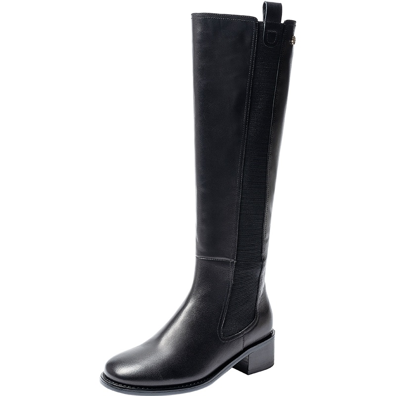 百田森冬季新款骑士靴女头层牛皮中跟高筒靴长靴子长筒靴女