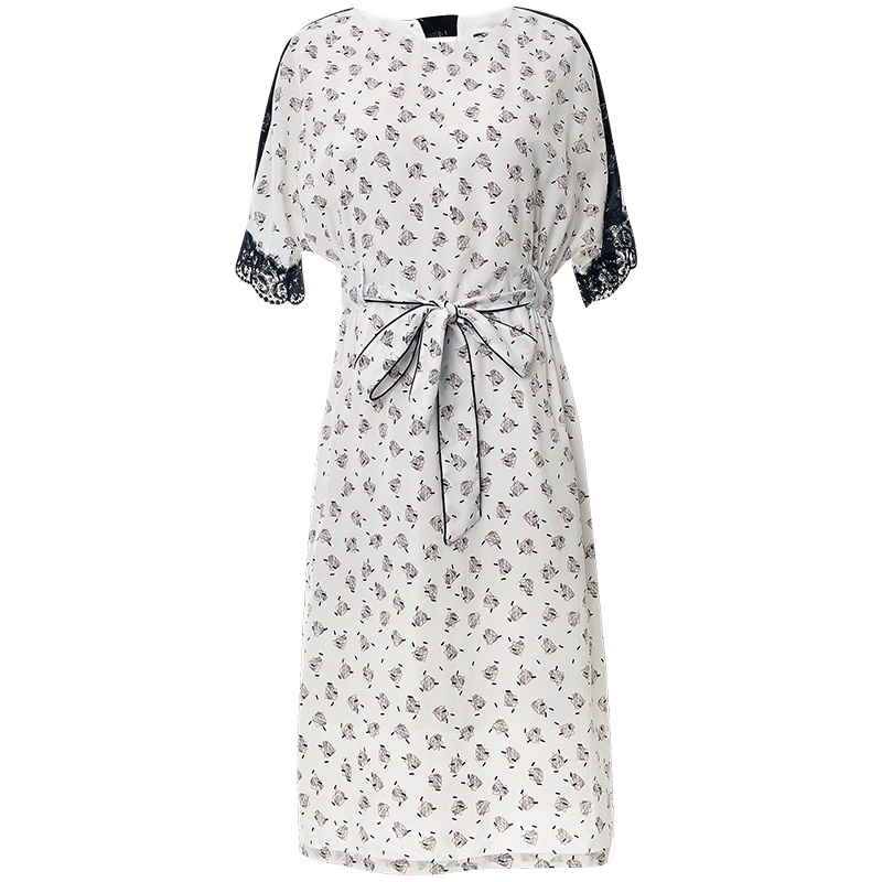 欧昵雪轻优雅印花雪纺裙夏圆领蕾丝拼接短袖连衣裙女