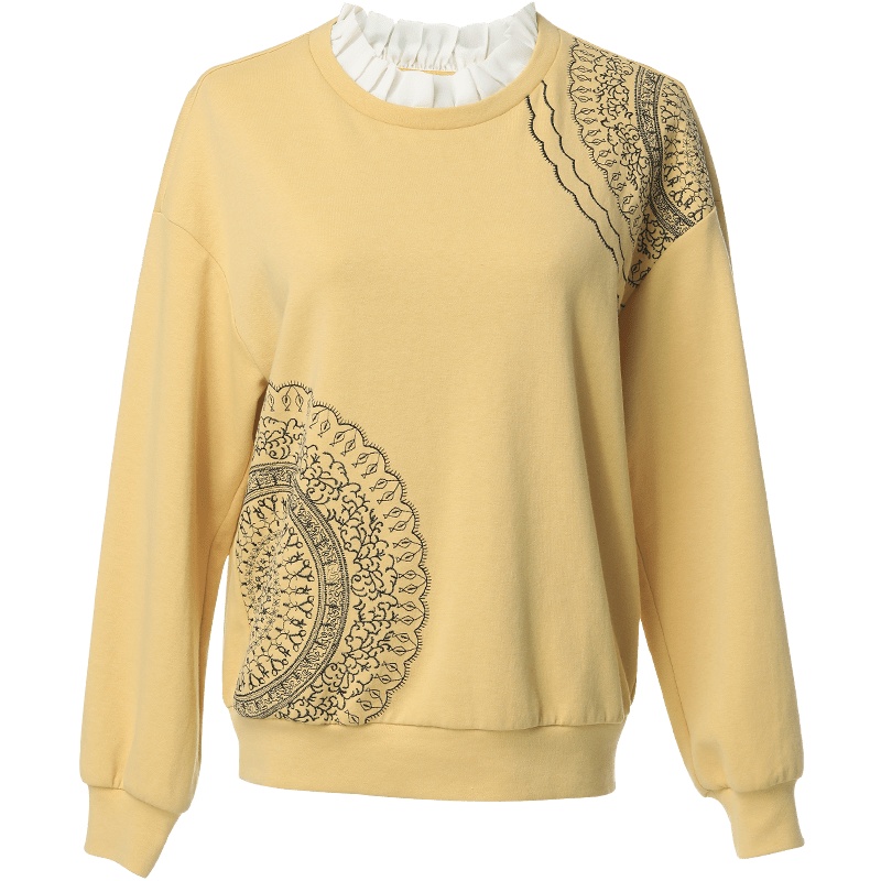 欧昵雪秋装木耳边圆领绣花宽松藏肉遮肚子套头卫衣女长袖