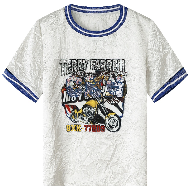 马克华菲女装2019夏新款卡通印花开边袖口短袖T恤