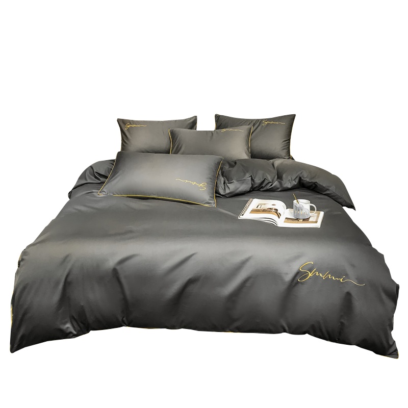 曼凝家纺 60支全棉贡缎棉简约纯色长绒棉双人四件套纯棉刺绣滚边床上用品1.5/1.8被套200*230床单床笠套件