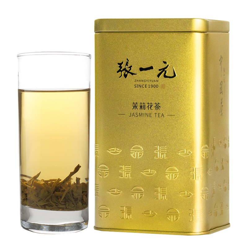 张一元 特级茉莉花茶茉莉毛尖金桶200g/罐 绿茶茶叶 茉莉香浓 2罐送礼袋