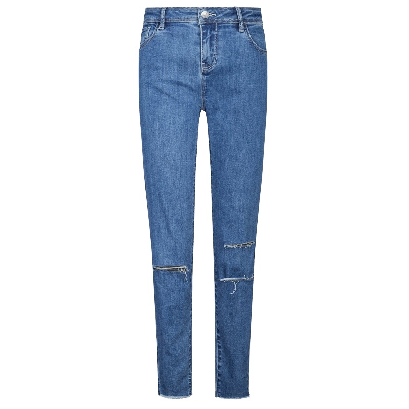 拉夏贝尔春夏高腰破洞毛边修身铅笔裤子九分女式牛仔裤 浅牛仔蓝 S