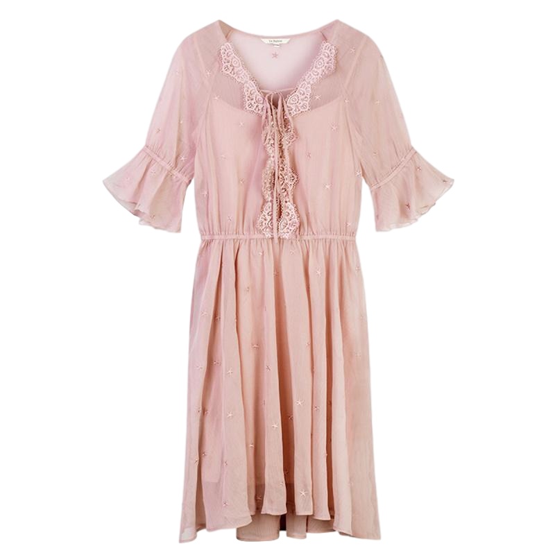 拉夏贝尔夏季新款V领系带短袖刺绣高腰中长款雪纺蕾丝连衣裙