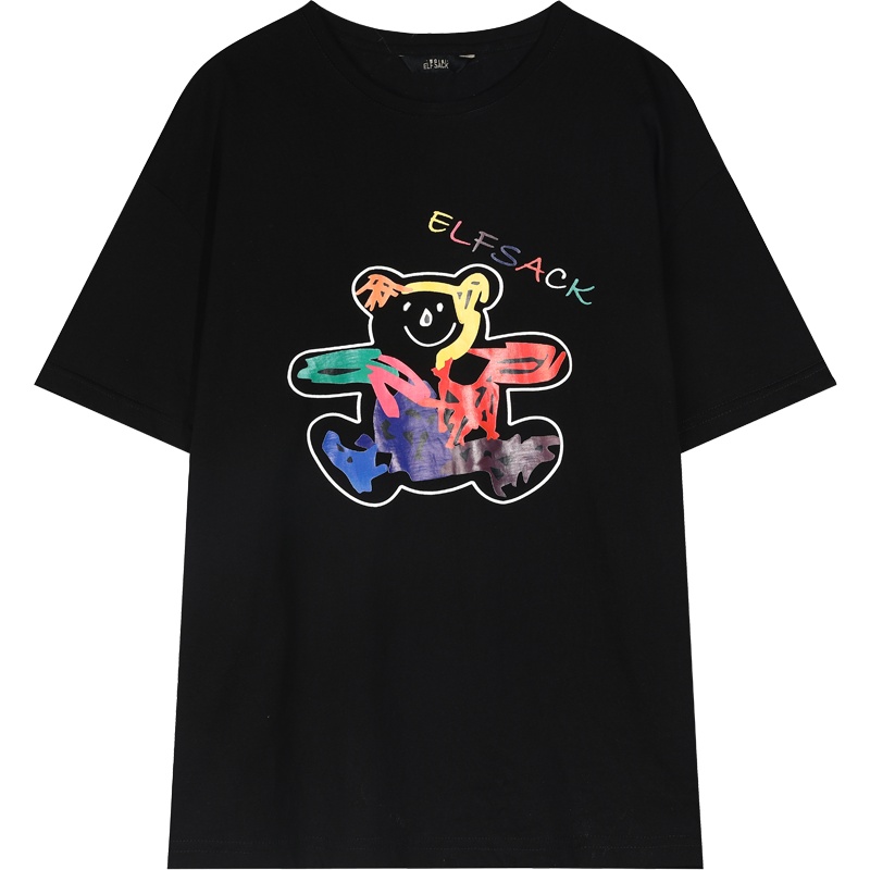 【新款】妖精的口袋黑色涂鸦短袖T恤女2020夏宽松韩版网红ins上衣