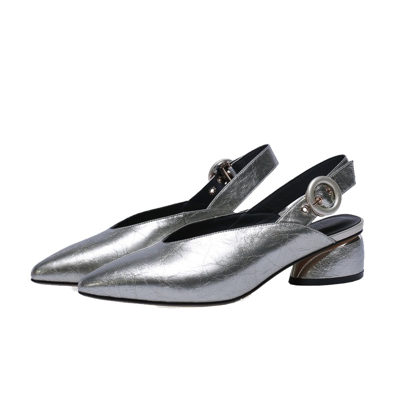 格瑞迪欧2020春季新款时尚粗跟中跟后空一字带尖头包头穆勒真皮凉鞋女夏023