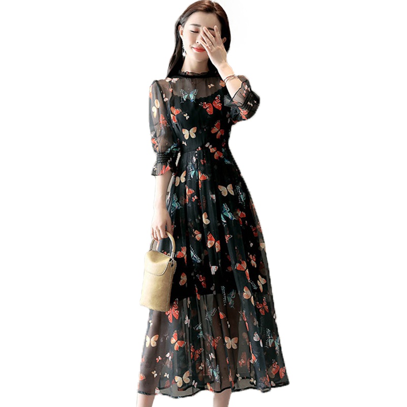 丝柏舍2019夏装女时尚韩版蝴蝶印花修身长款连衣裙S82R1712L