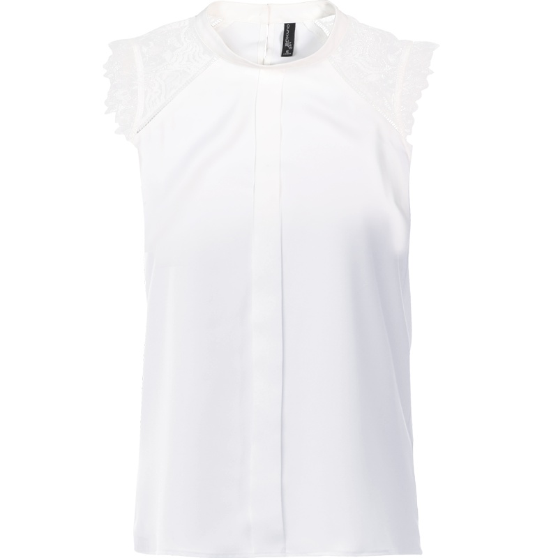 欧昵雪夏季气质镂空蕾丝拼接无袖上衣女白色圆领套头衬衣