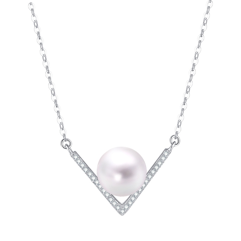 鑫万福 热卖款时尚项链925银精工镶嵌10-11mm天然淡水珍珠V字吊坠套链