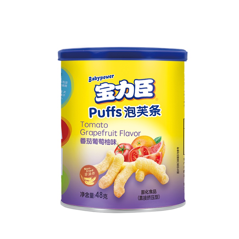 宝力臣宝宝辅食零食泡芙条(番茄葡萄柚味)48克 桶装