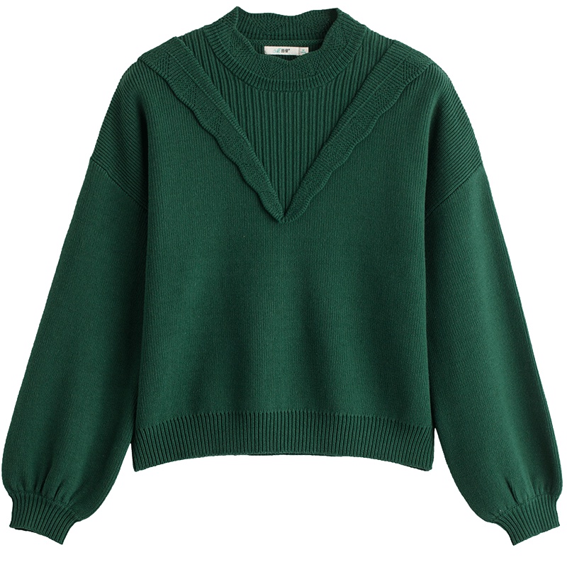 茵曼春秋文艺灯笼袖半高领短款宽松绿色套头毛衣女长袖针织衫