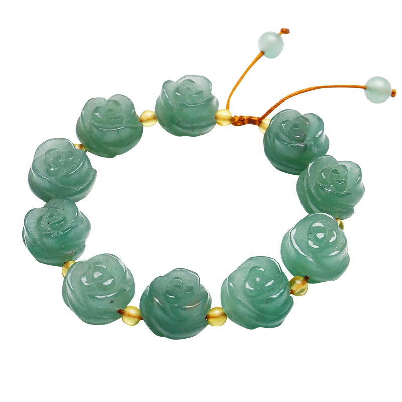 月印百川 东陵玉手串 时尚情侣款菠菜绿玫瑰花玉石手链 手工编制可调节