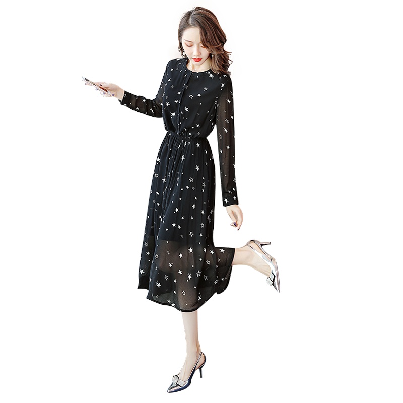 丝柏舍2020春季女时尚气质长袖修身中长印花连衣裙S01R0519L