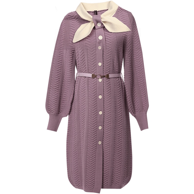 欧昵雪秋冬圆领蝴蝶结灯笼袖针织连衣裙女中长款毛衣裙