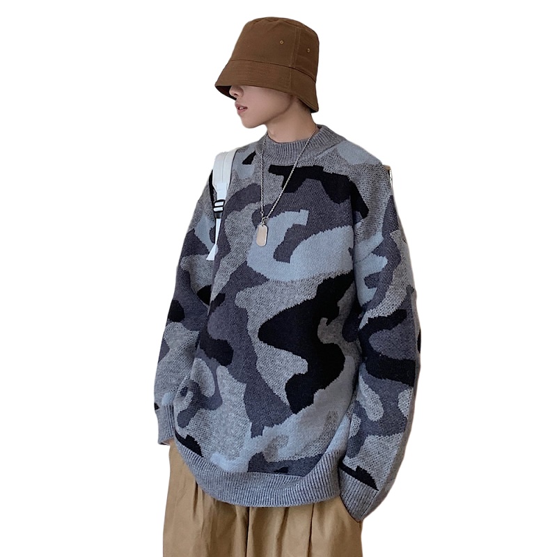 茜靓CHYLLIRN春季针织毛衣男迷彩休闲个性打底衫圆领潮流长袖线衣
