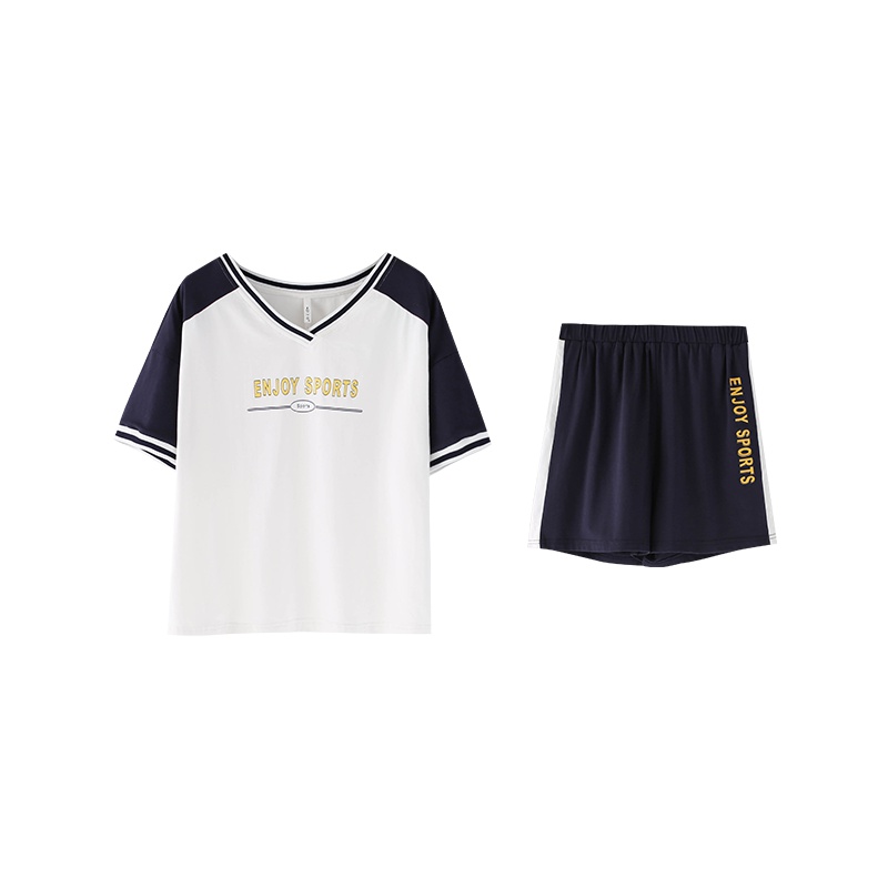 安之伴情侣睡衣夏季V领短袖棉质宽松男士家居服运动休闲女士套装