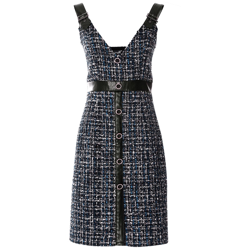 欧昵雪秋冬小香风粗花呢子吊带连衣裙女显瘦气质背心裙