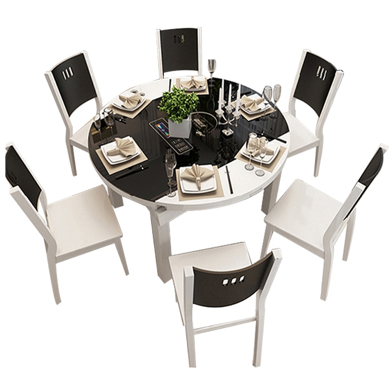 佐特 现代简约伸缩折叠钢化玻璃实木餐桌椅组合多功能圆餐桌