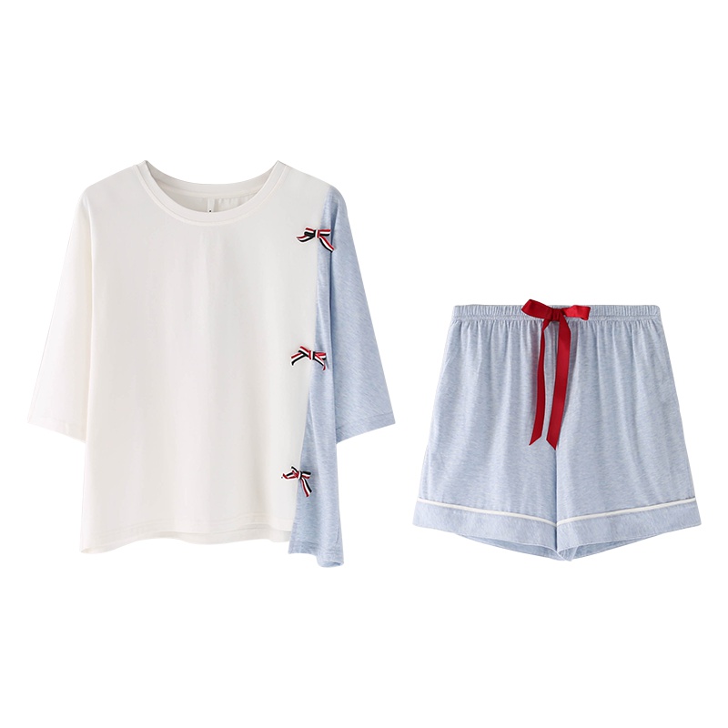 乌拉拉公主睡衣女夏短袖棉质短裤纯色蝴蝶结撞色睡衣女家居服套装