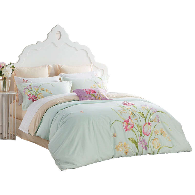 堂皇tevel全棉斜纹四件套纯棉清新刺绣床上用品-塞纳晨光