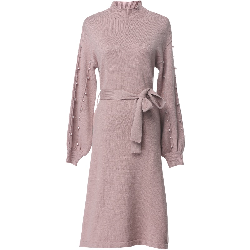 欧昵雪季半高领套头毛衣裙女钉珠长袖系带针织连衣裙