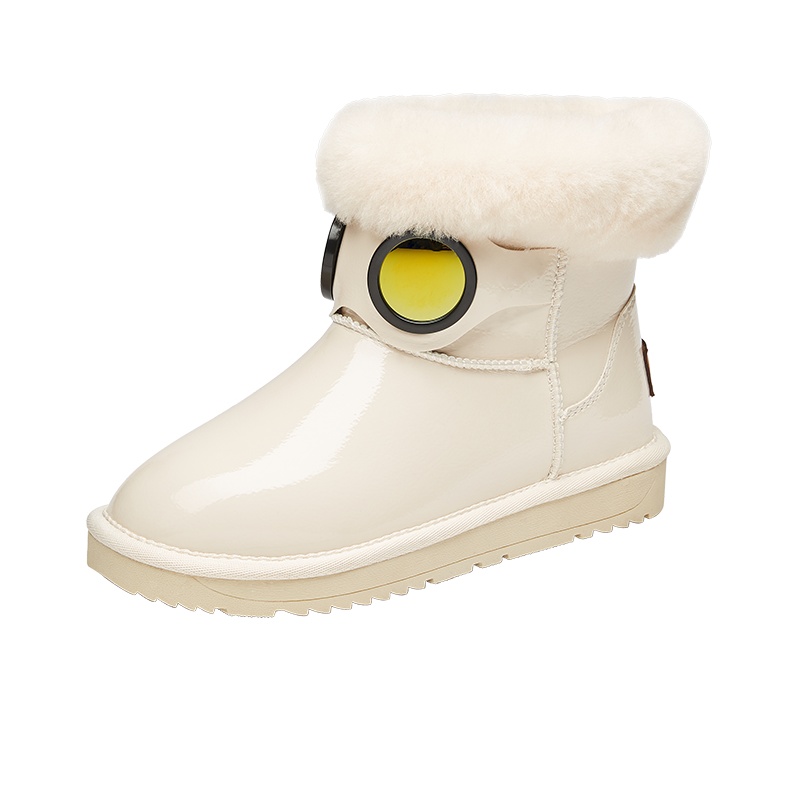 康奈女鞋 冬季新款保暖女靴羊毛皮一体棉靴时尚皮面镜片装饰潮流休闲雪地靴15288010
