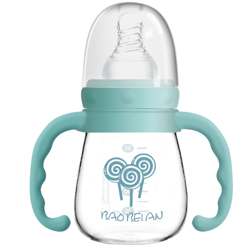 宝倍安(Bao bei an)标口径玻璃奶瓶带手柄新生婴儿用品宝宝标口径防胀气奶瓶0-3月宝宝 S奶嘴 浅黛青 加赠奶嘴