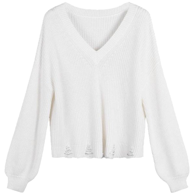 【热卖】漏锁骨针织衫2019秋冬新款v领bf风镂空灯笼长袖打底衫外套女士10015612