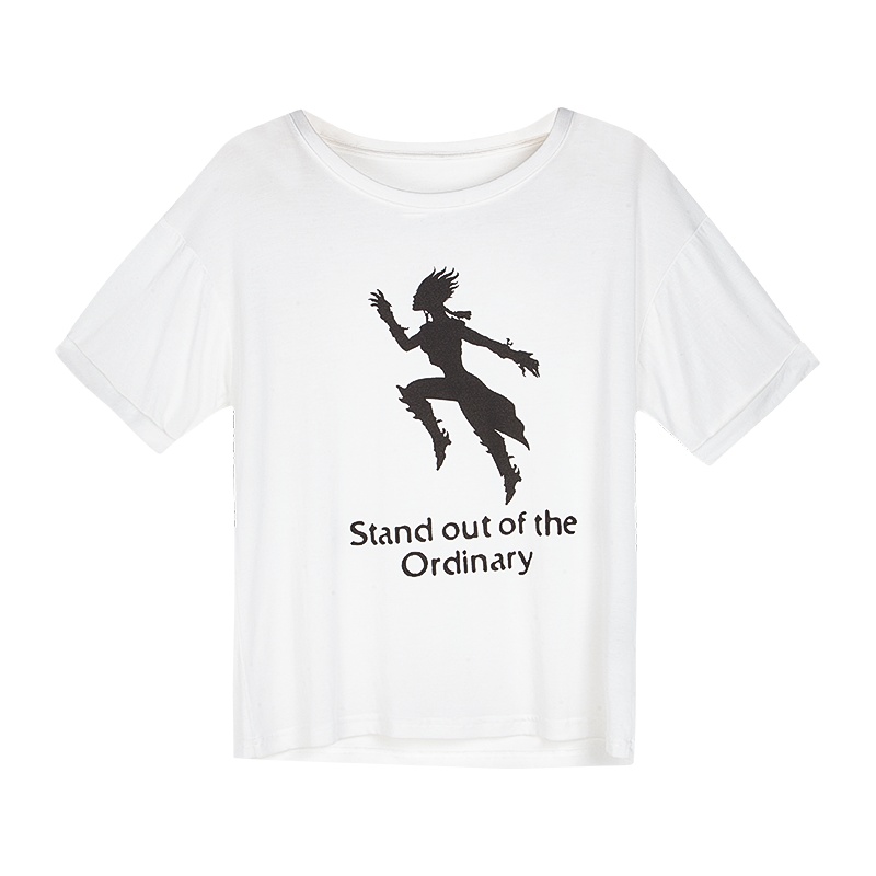 晚白 新品简约休闲百搭宽松常规款圆领印花短袖T恤上衣女