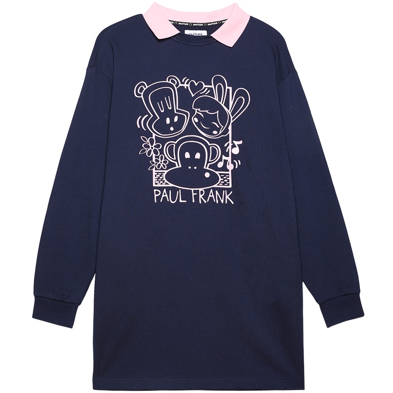 大嘴猴初秋新款中长款连衣裙蓝色青春女装学生潮 S 深蓝