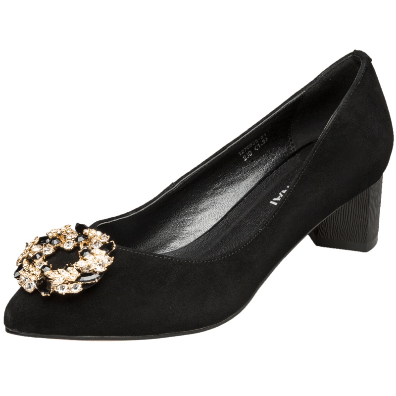 康奈女鞋 秋季时尚尖头水钻扣饰高跟鞋女粗跟优雅职业通勤女鞋1275938