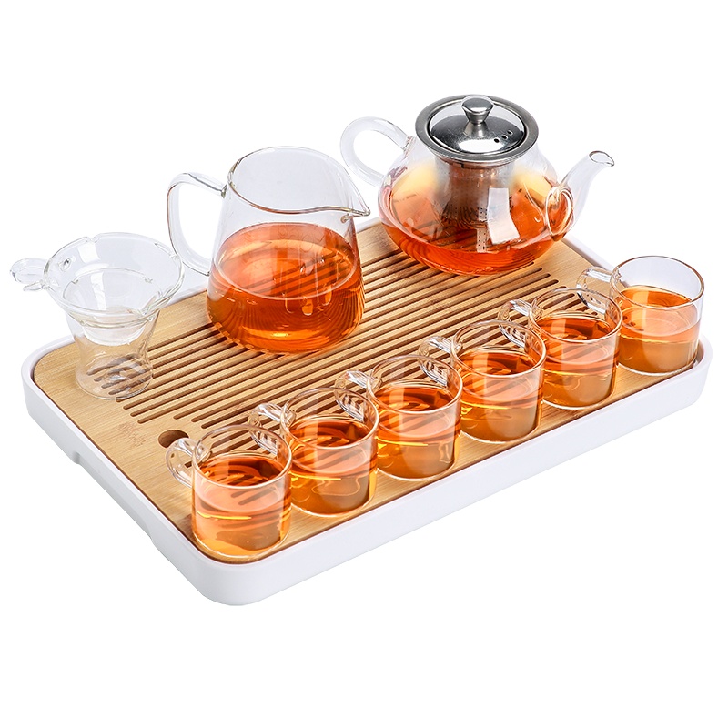 苏氏陶瓷(SUSHI CERAMICS)玻璃茶具套装 储水竹木茶盘高硼璃泡茶壶茶杯组合