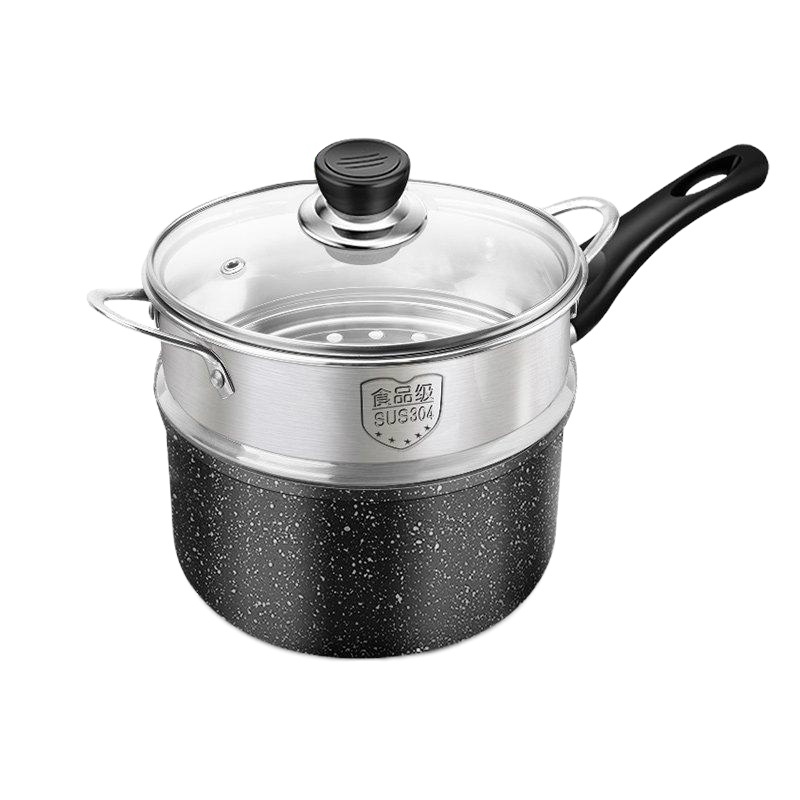 奶锅宝宝婴儿辅食锅麦饭石雪平不粘小汤锅多功能煮粥泡面煎煮一 [豪华加厚款]20cm麦饭石不粘锅/带盖+木铲洁布+蒸