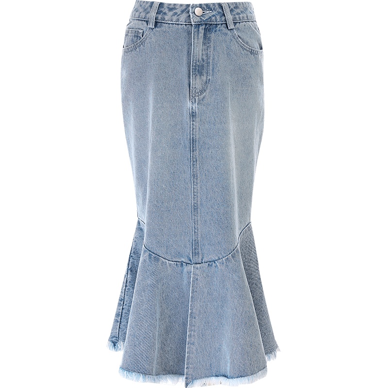 欧昵雪夏季高腰显瘦纯棉牛仔半身裙女荷叶毛边包臀鱼尾裙