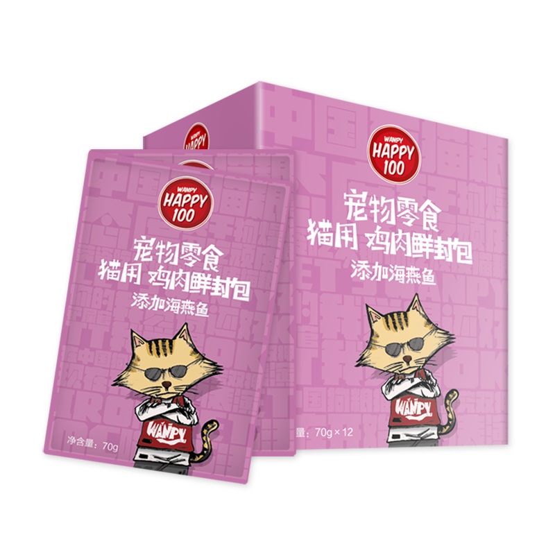 顽皮Happy100宠物零食 猫用鸡肉鲜封包 添加海燕鱼70g*12