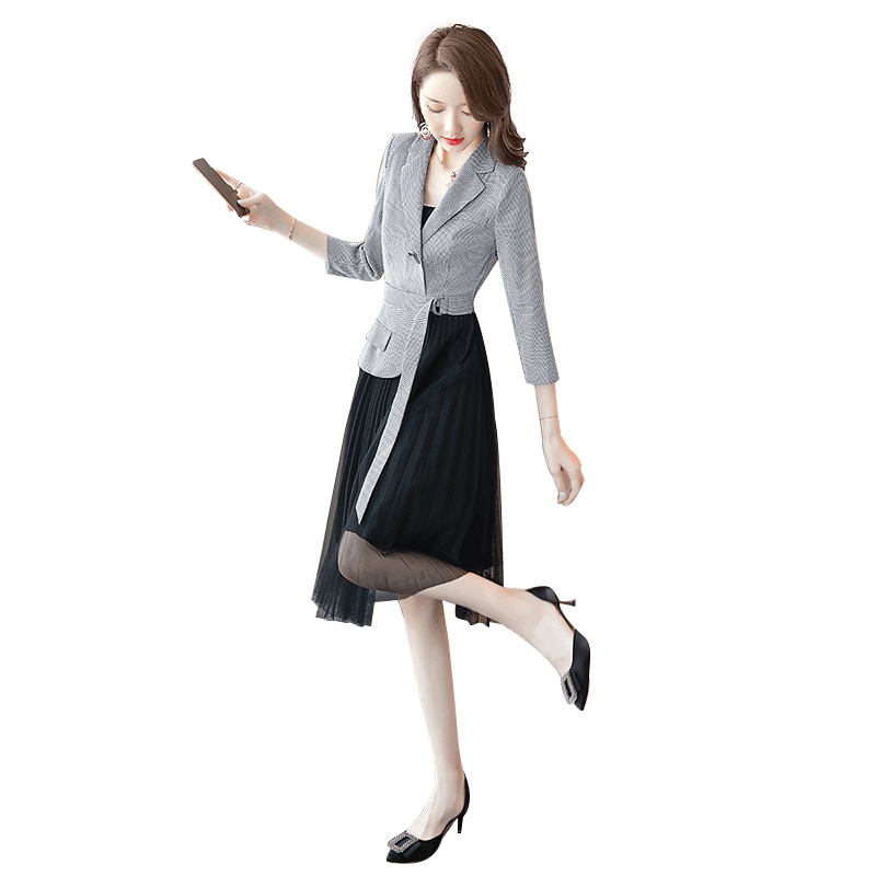 丝柏舍2019秋装女韩版修身西装拼接网纱连衣裙S93B4473L