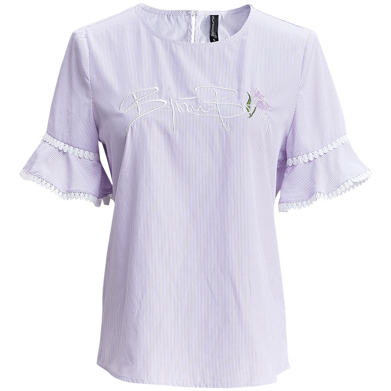 欧昵雪 夏季气质圆领绣花喇叭袖花边百搭修身显瘦时尚短袖条纹T恤女上衣