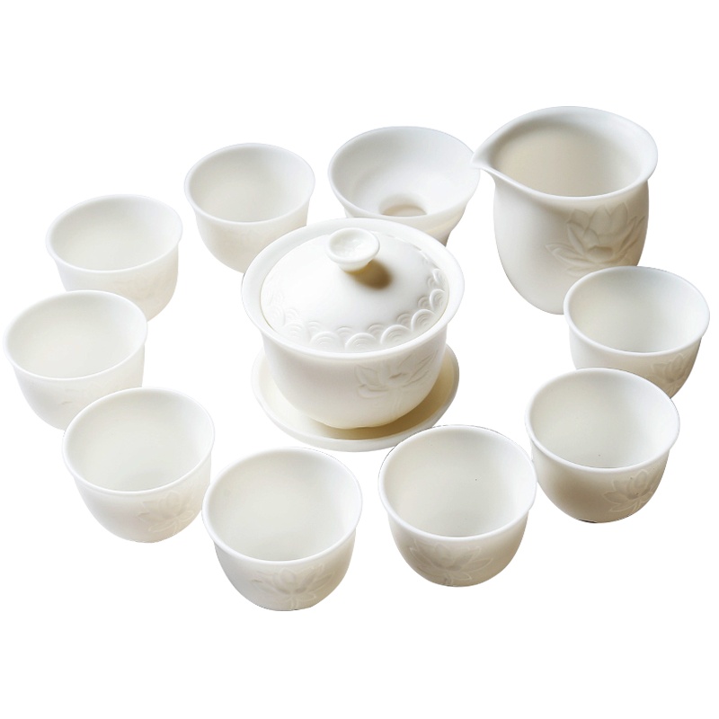 苏氏陶瓷(SUSHI CERAMICS)中国白茶具套装面莲花如脂玉功夫茶具茶杯子陶瓷三才盖碗礼盒装(亚光)